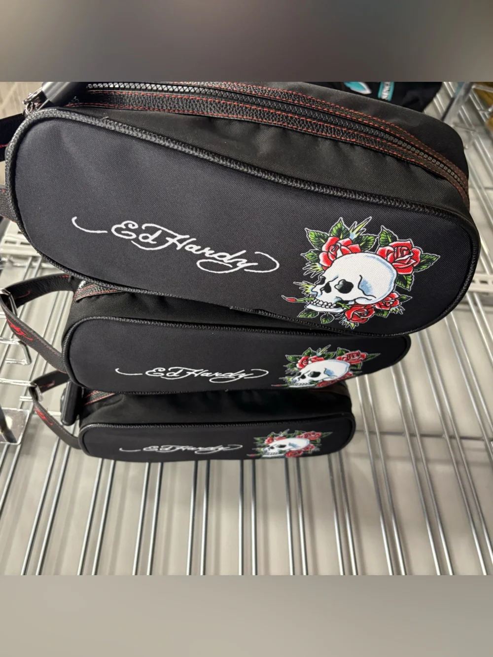 Ed Hardy Black Toiletry Sling with Skull & Red Rose Graphic